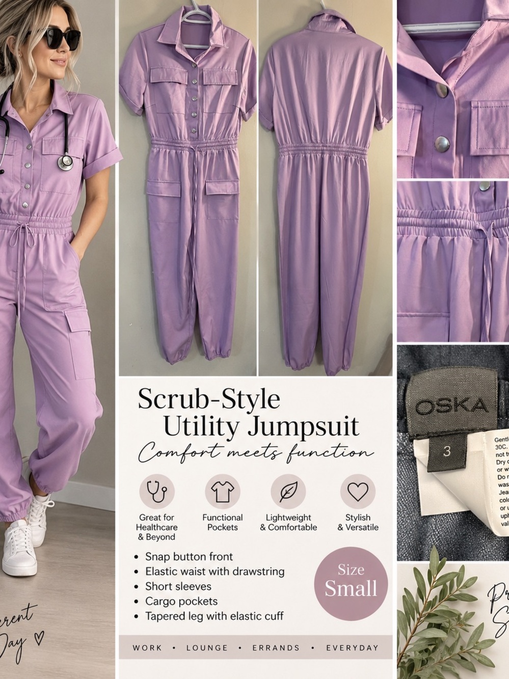 Lavender Scrub-Style Utility Jumpsuit